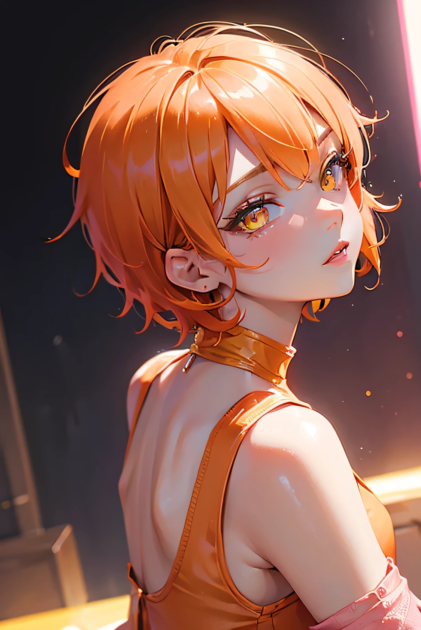 Beautiful adult woman、((Orange short hair))(Yellow Eyes)、(Cutie Honey in a sexy pink outfit)、cyber punk、Close-up of toned buttocks、Beautiful woman looking back