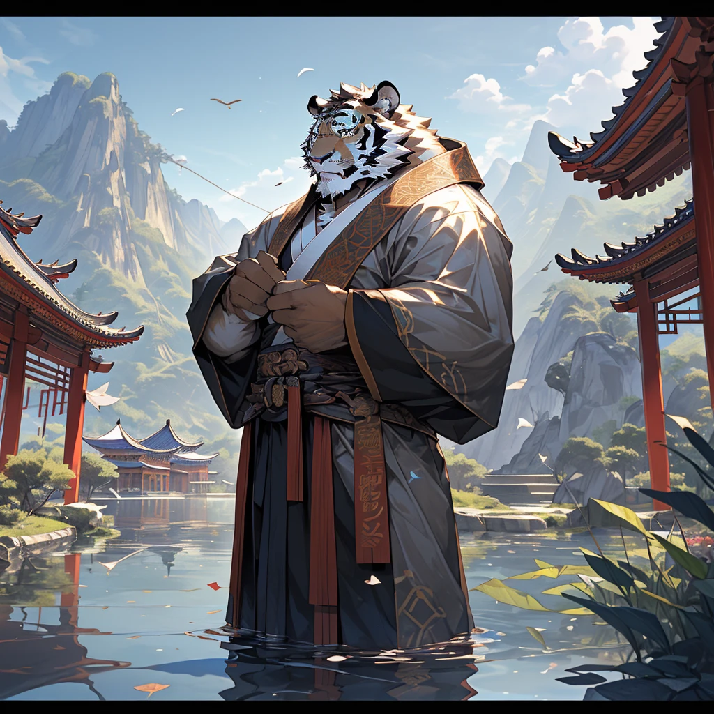 a muscular tiger in a long robe, standing on a floating island in the sky, a taoist monastery in the background, traditional chinese architecture, wuxia, fantasy, cinematic lighting, dramatic pose, (best quality,4k,8k,highres,masterpiece:1.2),ultra-detailed,(realistic,photorealistic,photo-realistic:1.37)