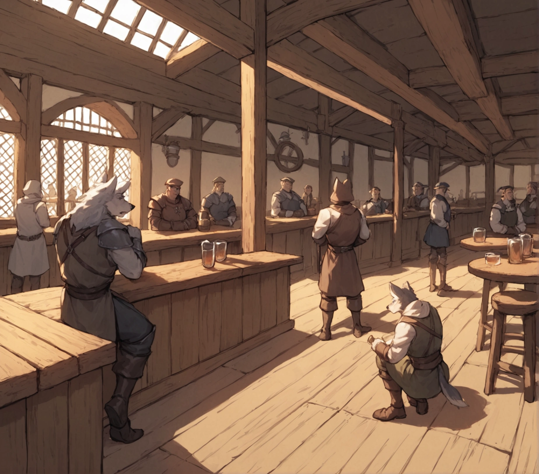 score_9,score_8_up,score_7_up, score_6_up, score_5_up,source_anime, scenery, a bar, medieval tavern, it’s busy, full of people, in a medieval tavern bar, sketchy weird bar, soldiers and criminals at the bar, indoors, dark and creepy tavern, wolf men soldiers at the bar, from above 