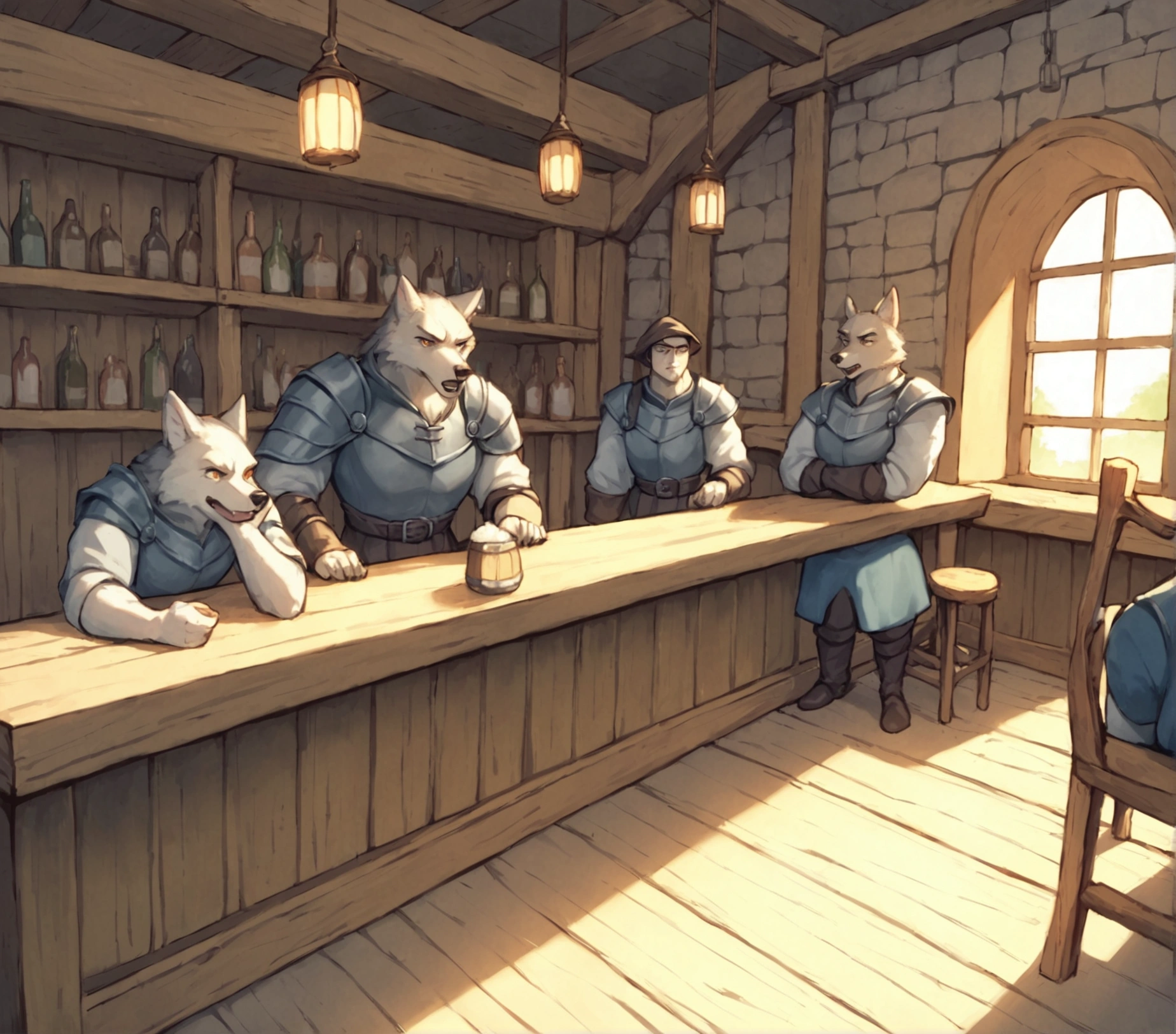 score_9,score_8_up,score_7_up, score_6_up, score_5_up,source_anime, scenery, a bar, medieval tavern, it’s busy, full of people, in a medieval tavern bar, sketchy weird bar, soldiers and criminals at the bar, indoors, dark and creepy tavern, wolf men soldiers at the bar, from above