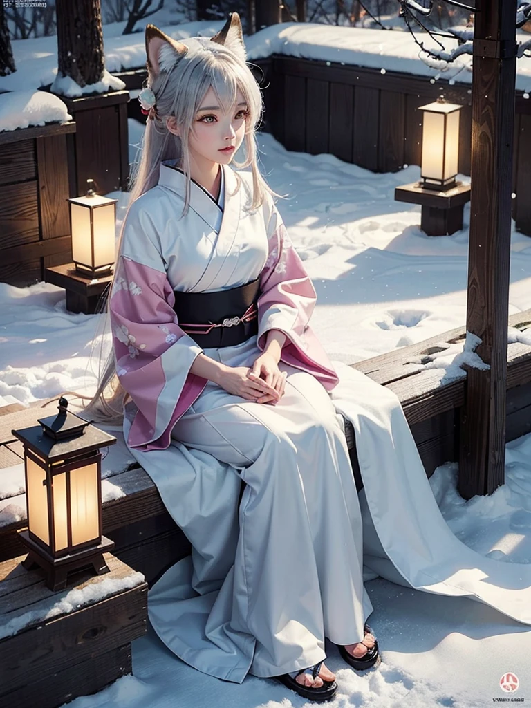 /imagine prompt: An anime-style image of a 20-year-old fox girl with fox ears and tail, sitting in the snow, her eyes giving a seductive look. She is dressed in a kimono that blends with the snowy landscape. The background features a tranquil Japanese garden covered in snow, with lanterns softly illuminating the scene. Created Using: anime illustration, smooth lines, vibrant colors, detailed kimono patterns, soft lighting, dynamic shading, winter ambiance, hd quality, natural look