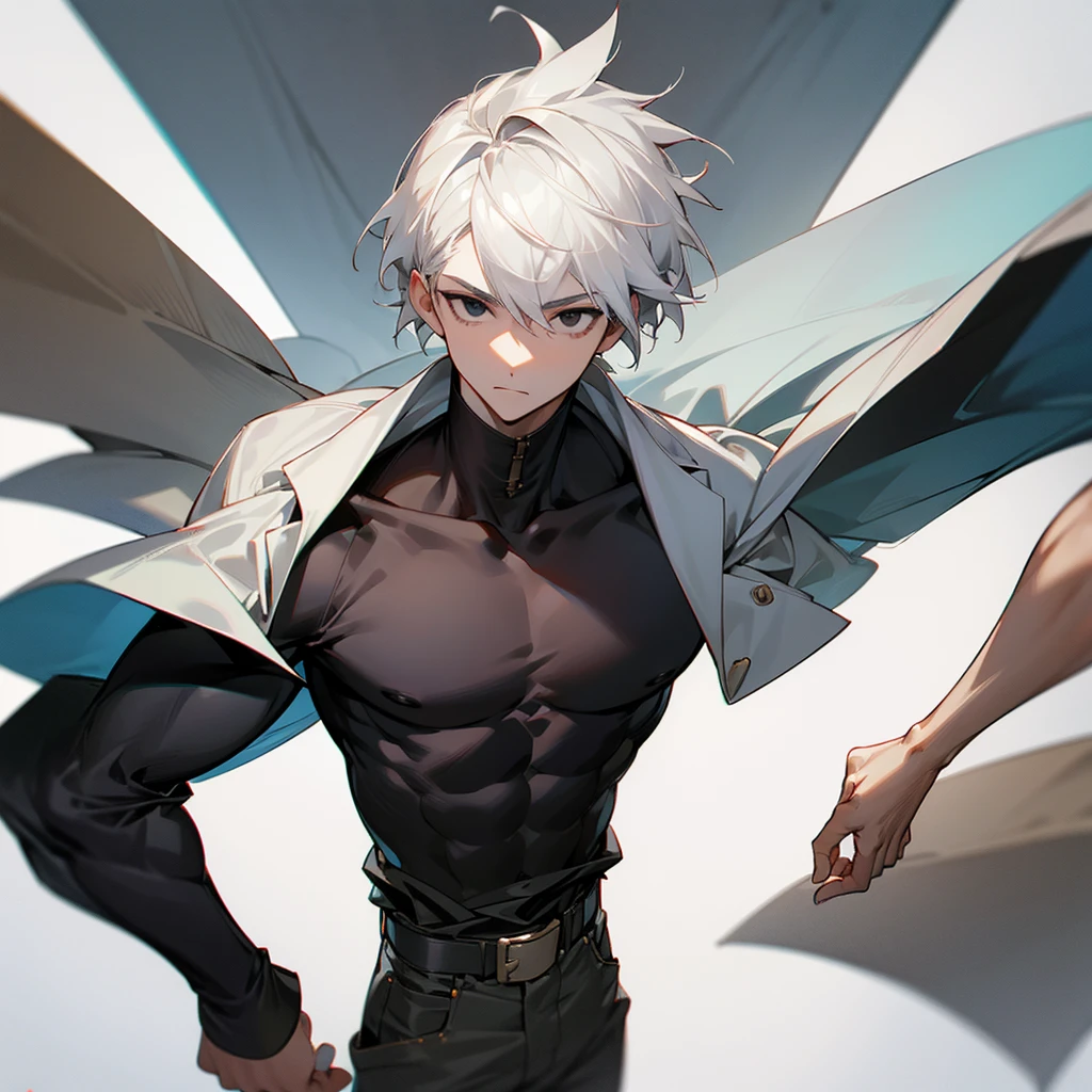 young adult, Handsome, with short white hair, square face, muscles formed, Height of 1.90, black eyes and a hunter's look, black gabardine dress and white t-shirt