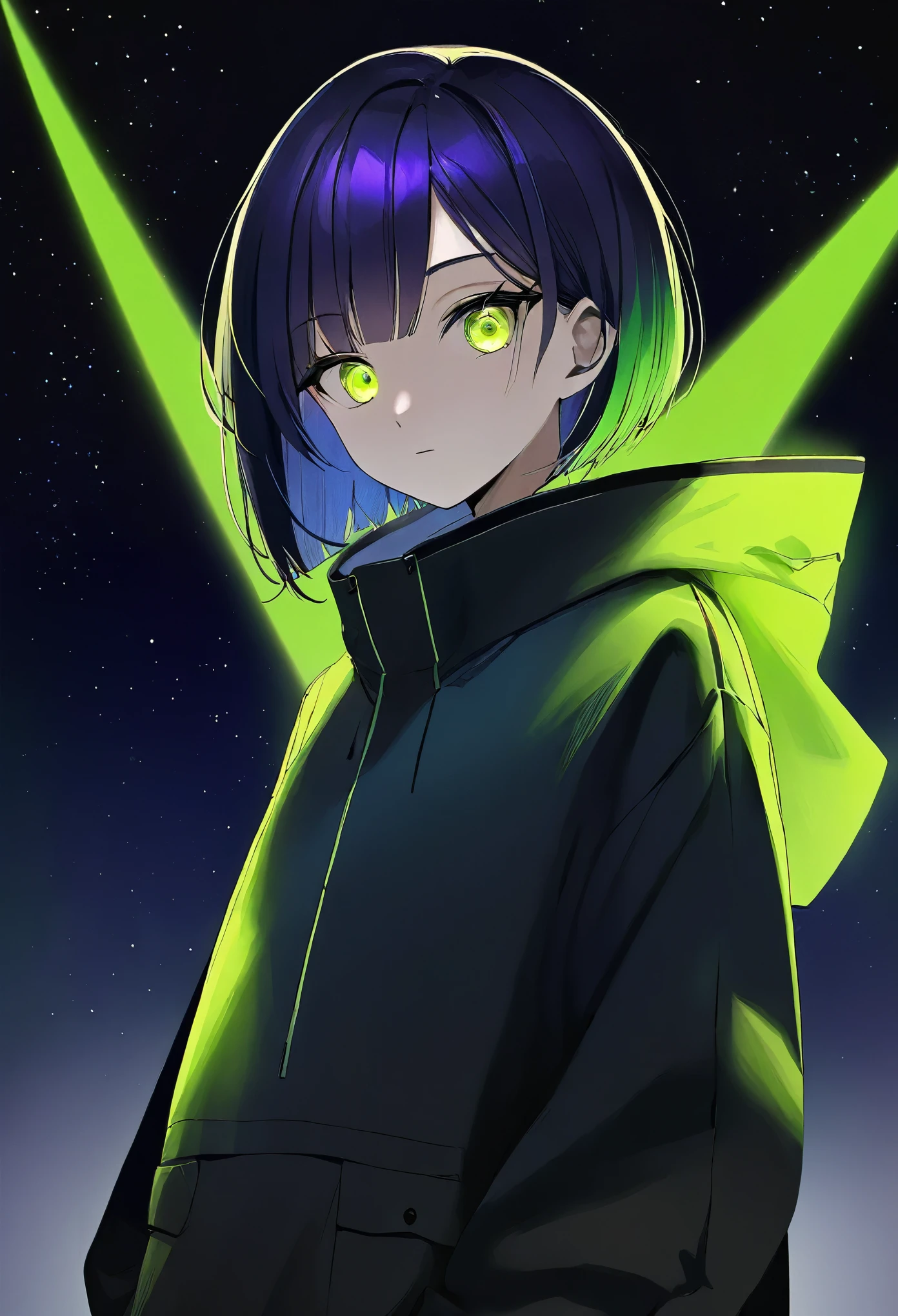 Highest quality, masterpiece,Black dark blue hair, Fluorescent yellow-green eyes,Big eyes,Black clothes, Long sleeve、Black anorak parka、Front Angle、Gazing at the audience、Upper Body,hair,Fair skin、Medium Hair、Bobcut、紺色の艷やかに光るhair、Glowing effect、Highest quality、最高masterpiece、Purple hair tips、暗紺色のhair、Plain black clothing、Night sky background、Dark Background、Perfect Face、Slightly narrow eyes、Cool Style、cool、mysterious、Thick Coating、