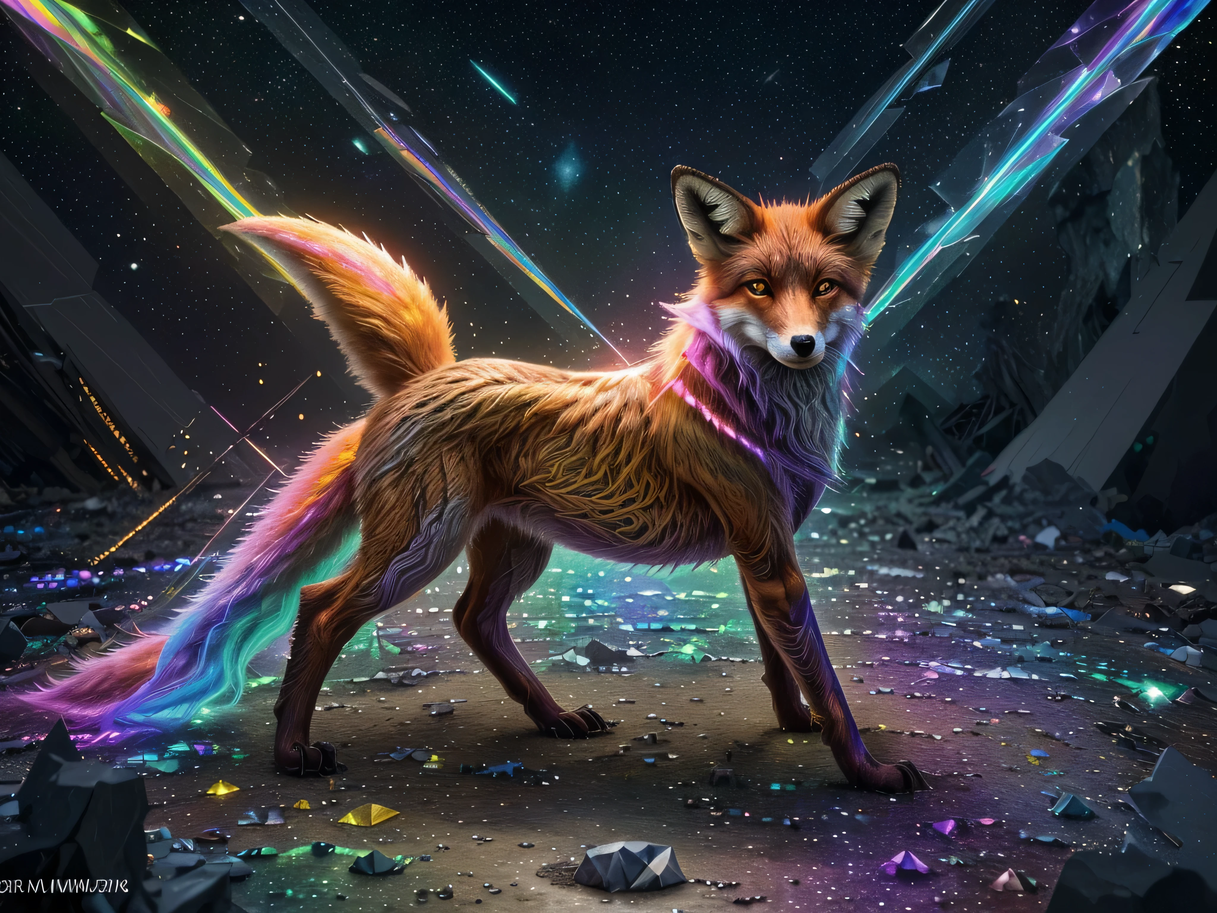 A luminously mutated crystalline fox, its angular forms glimmering with an otherworldly aura, the fur a spectrum of refracted colors like shattered rainbows. This unique creature, found only in a few isolated pockets of the devastated world, is a symbol of hope and resilience in the face of destruction. The image is a hyperrealistic digital painting, showcasing every facet of its intricate design with stunning clarity. The intricate details and vibrant hues make it seem almost alive, a true masterpiece of post-apocalyptic beauty.