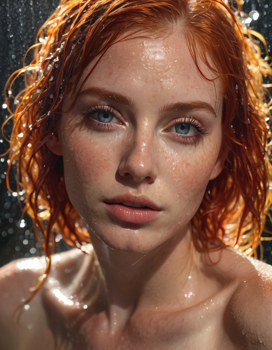 nsfw, a woman with red hair showering, naked, whole body visible, beautiful detailed eyes, beautiful detailed lips, extremely detailed face and skin, long eyelashes, naked, wet skin, water drops, steam, sunlight, shiny skin, photorealistic, the entire naked body is seen in close-up