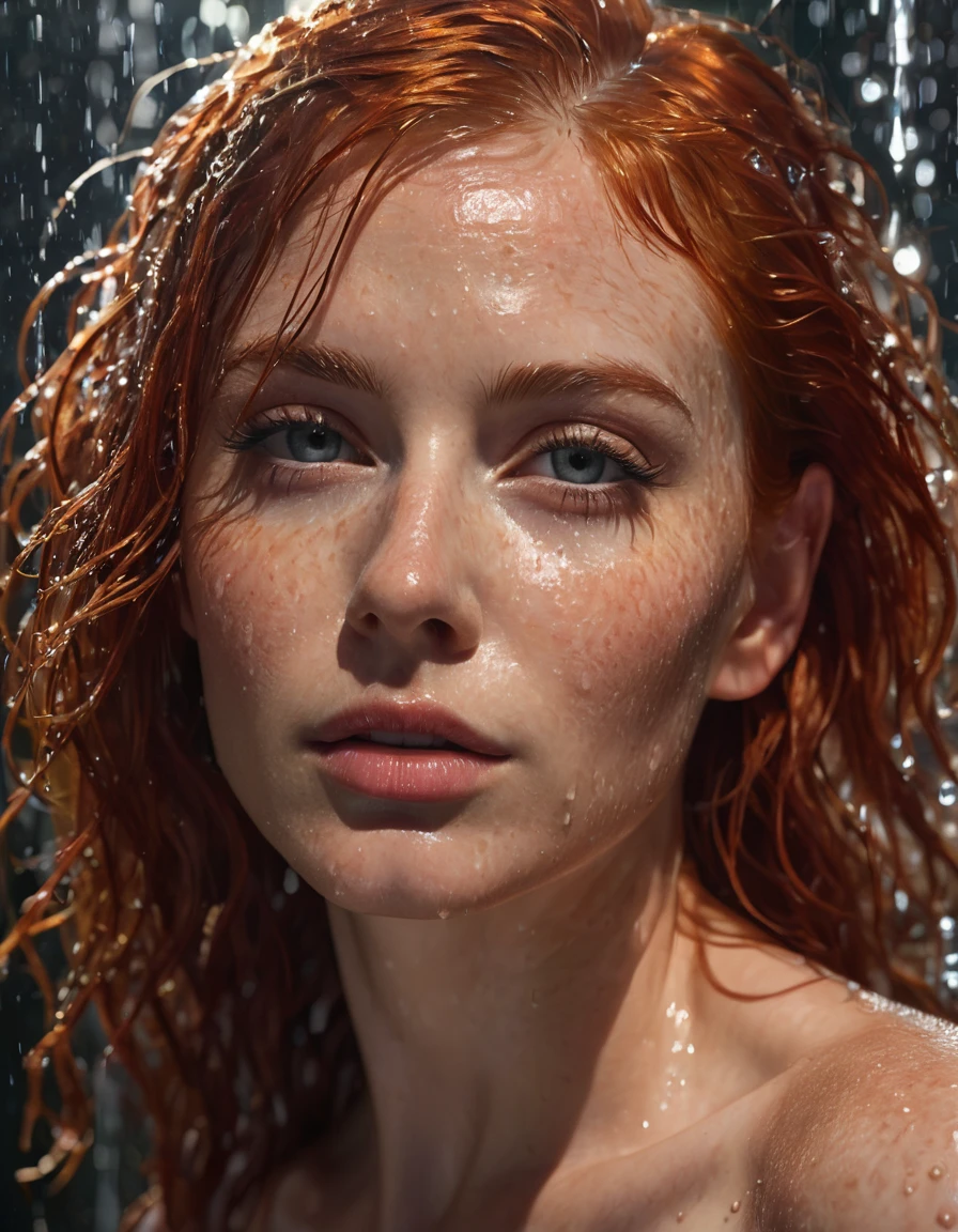 nsfw, a woman with red hair showering, naked, whole body visible, beautiful detailed eyes, beautiful detailed lips, extremely detailed face and skin, long eyelashes, naked, wet skin, water drops, steam, sunlight, shiny skin, photorealistic, the entire naked body is seen in close-up