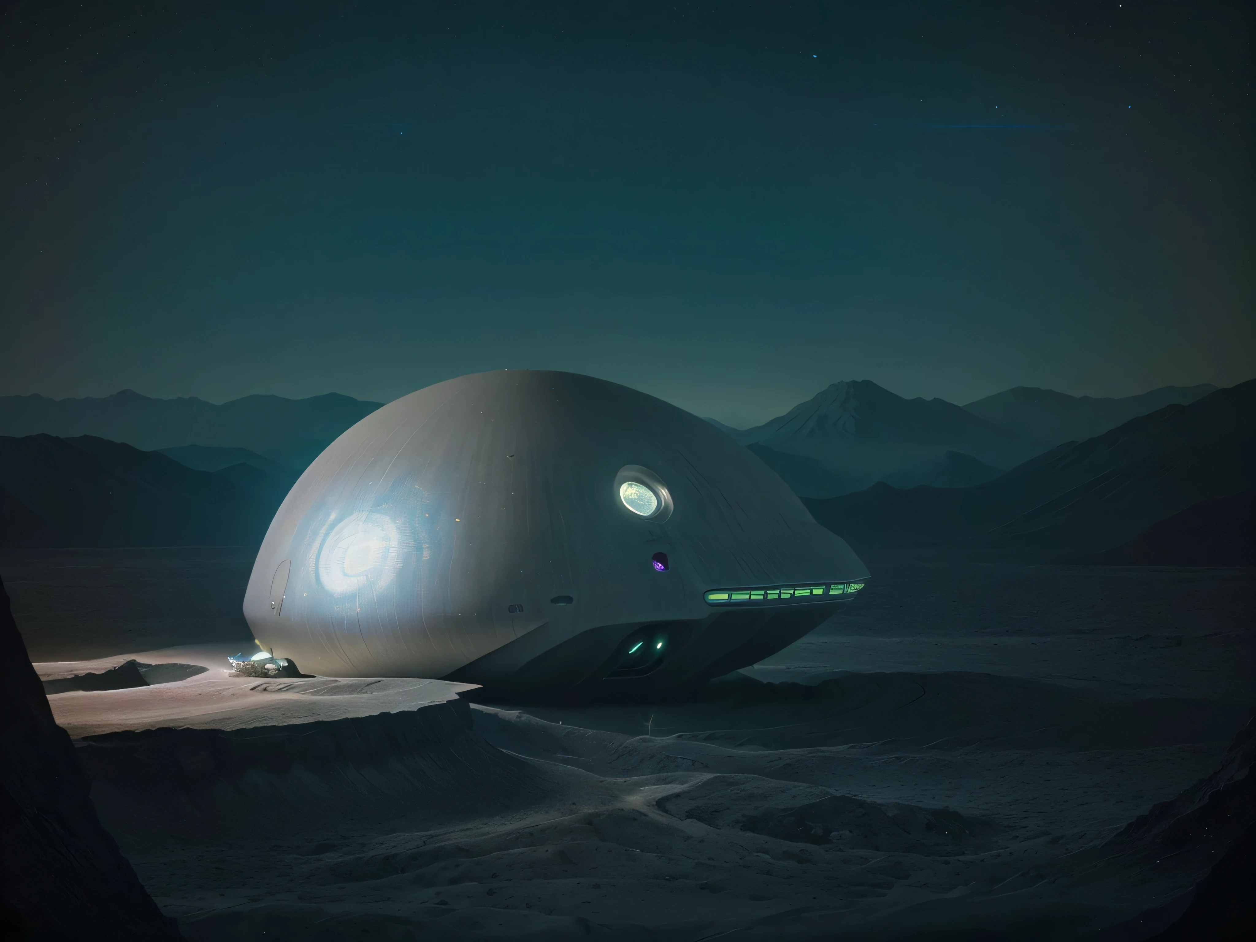 In the haunting silence of deep space, a phosphorescent scifi deep space probe floats, its sleek metallic body illuminated in soft, celestial hues. In the minimalist photograph, the probe is the focal point, capturing the essence of futuristic technology. The image is crisp and detailed, showcasing the probe's intricate design and otherworldly glow. Every curve and angle is highlighted in vivid colors, creating a visually stunning and thought-provoking composition that transports viewers to the outer reaches of the universe.