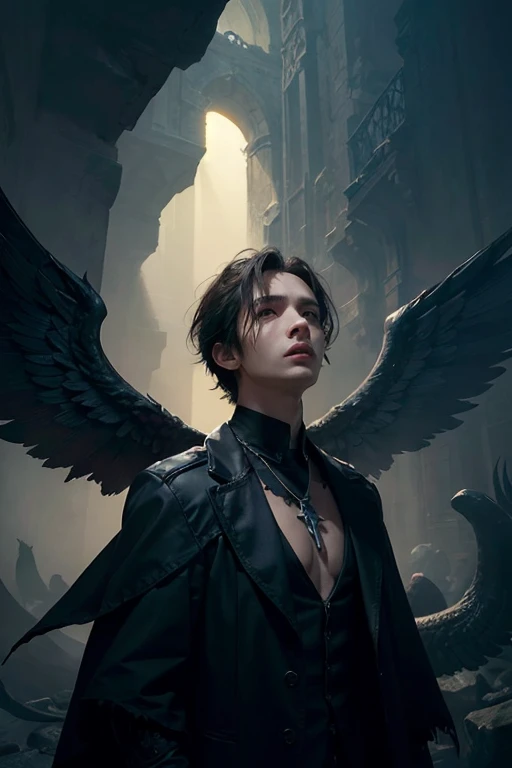 (1male:1.4), (Angel Samael with large majestic wings), (looked up into the light:1.2), handsome face, short hair, hair between eyes, asian, black fabrics, underworld of death view, cloudy, black bold fog, magic the gathering artwork, gothic art, concept art, fantasy art, low key, (centered), (detailed background), (realistic:1.2), (masterpiece:1.2), (ultra detailed), (best quality), intricate, dramatic lighting, detailed landscape,