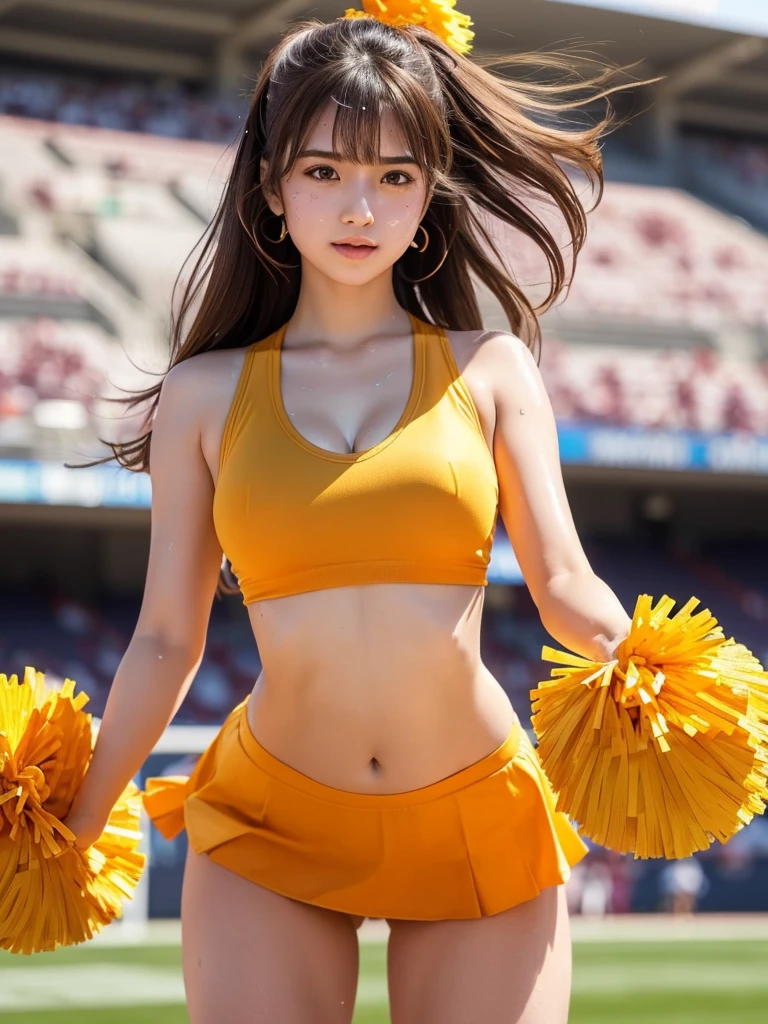 masterpiece,Highest quality,Very detailed,High resolution,(Realistic,photoRealistic:1.37),Excellent anatomy,One beautiful woman,18-year-old,height:152 cm,Orange Cheerleader,(Holding big pom-poms in both hands:1.5),A small smile,cheer leading,Cheerleader uniform,(shape),Micro Pleated Mini Skirt,No underwear,((Very delicate and beautiful)),((Stadium Background:1.2)),Brown Hair,Long Hair,bangs,Very beautiful face,Cute type,Big Natural Color Lip,Small and cute nose,Big and pretty eyes,Brown eyes,Obvious double,Shiny highlight spots around the eyes,Character Focus,Tilt your head,The best light,Best Shadow,mysterious,Perfect Face,Very detailed,Soft Skin,(Glowing Skin, Sweaty:1.5),Beautiful legs,Voluptuous thighs,Plump body,Huge breasts,(Expresses the roundness and softness of the chest area..........1),Beautiful body,(Perfect Woman),Spread your legs,((Provocative dynamic pose)),Skirt flip,Browsing Caution,(Spreading pussy:1.5)