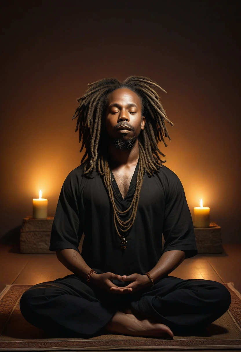 Full-body portrait of Shawt, a serene Black man with dreadlocks, meditating in lotus position. Surrounded by flickering candles casting warm, golden light. Pitch-black room with wisps of incense smoke. Hyper-realistic style: every pore, bead of sweat, and fabric texture visible. Peaceful expression, eyes closed.