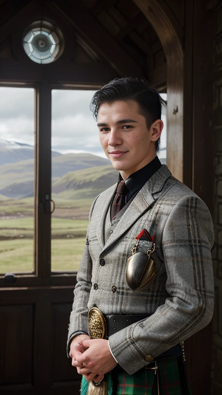 next 007, bond boy, Front view, (looking at viewer:1.3), Scottish man, 18 years-old, (black hair , blew eye, buzz cut, smile ),A beautiful Scottish boy wearing traditional Highland dress, including a tartan kilt and accessories like a sporran and sash, standing in a picturesque Scottish landscape. The scene should highlight the elegance and cultural richness of Scottish heritage, ((super detail, high details, high quality, accurate, anatomically correct, textured skin, beautiful fingers super detail, high details, high quality, best quality))