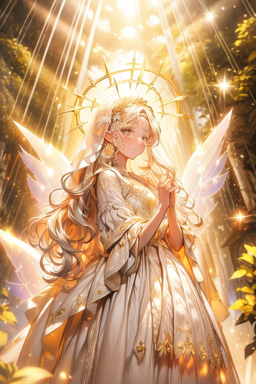 (((obra-prima))), ((melhor qualidade)), (super detalhe), cinematiclight, Colorful fairy in the middle of a snow-white scenery being illuminated by a beam of sunlight shining her body with a cheerful and amused mood, staring blankly at the viewer, inviting him to dance with her, extending his hand forward