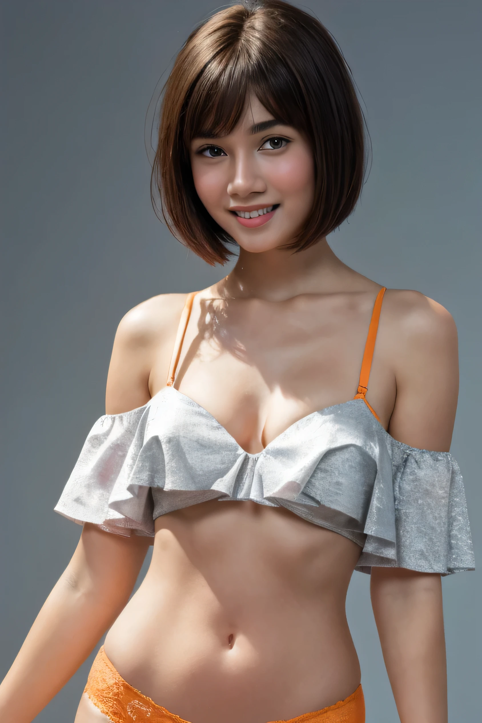 ((Half body potrait)), 1 cute girl (18yo) upper body, slim waist, small breast, sexy pose, naugthy face, bangs, ((Very short haircut1.7)), cleavage, navel, off shoulder, seductive smile, wear orange sexy underwear, gray background, ((Realistic:1.3)).