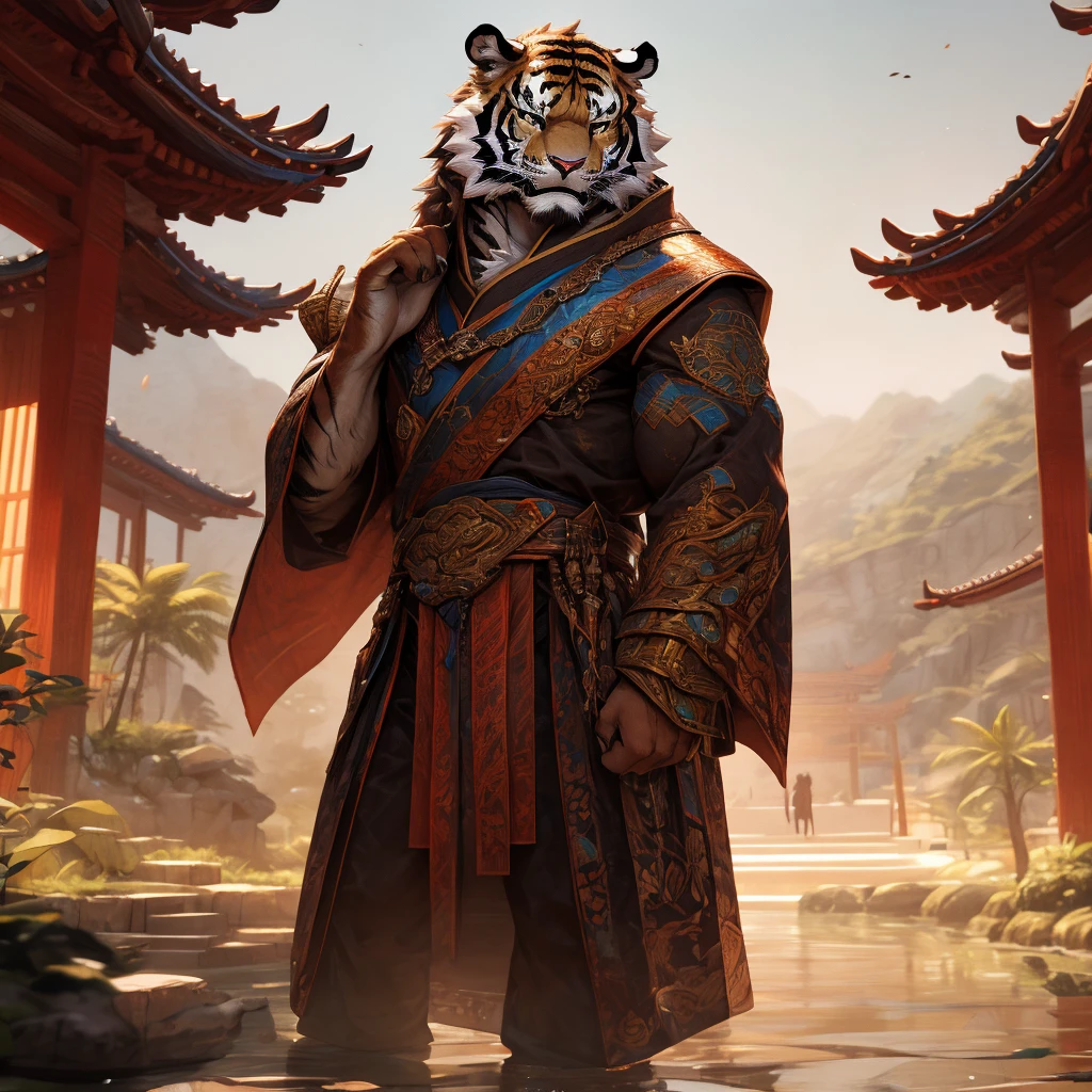 a muscular tiger in a long robe, standing on a floating island in the sky, a taoist monastery in the background, traditional chinese architecture, wuxia, fantasy, cinematic lighting, dramatic pose, (best quality,4K,8k,highres,masterpiece:1.2),ultra-detailed,(realistic,photorealistic,photo-realistic:1.37)Muscular tiger holding a sword,The background is an ancient family sect