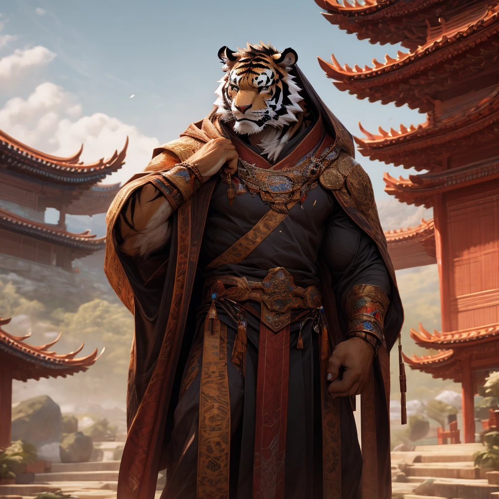 a muscular tiger in a long robe, standing on a floating island in the sky, a taoist monastery in the background, traditional chinese architecture, wuxia, fantasy, cinematic lighting, dramatic pose, (best quality,4K,8k,highres,masterpiece:1.2),ultra-detailed,(realistic,photorealistic,photo-realistic:1.37)Muscular tiger holding a sword,The background is an ancient family sect