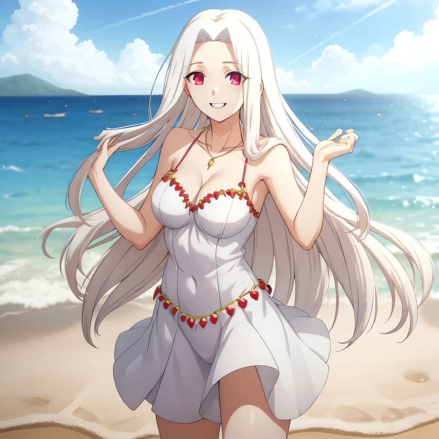 Irisviel,swimsuit,solo,looking at viewer,beautiful smile,arm at side,middle size of breast,beautiful necklace,hands up with smile,