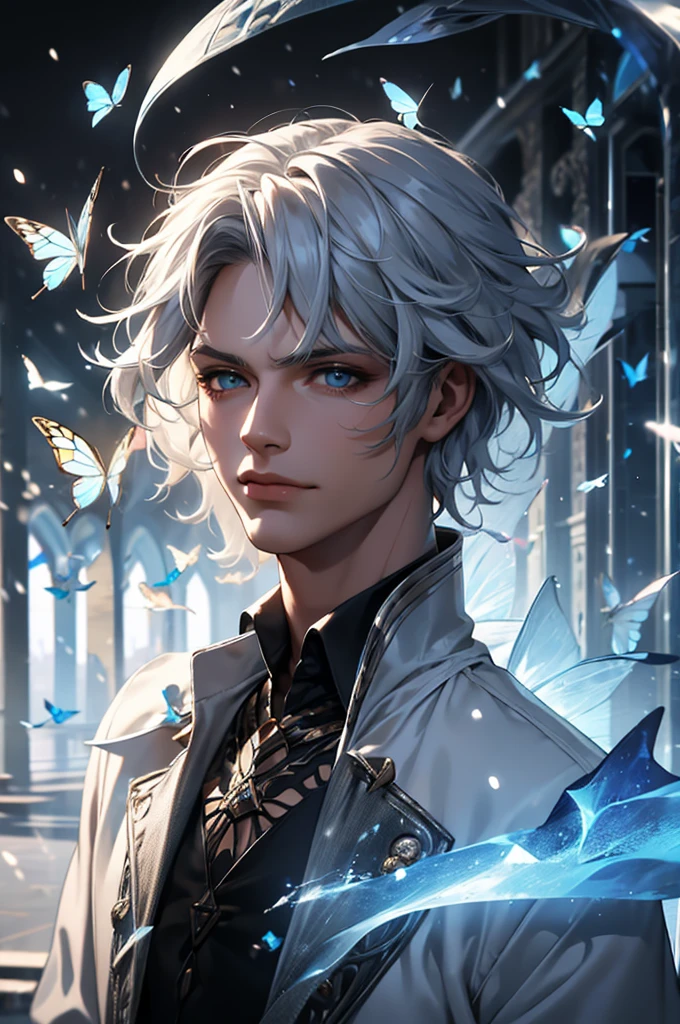 (best quality detailed image beautiful image 8K photorealistic dramatic lighting 1:1) (digital art digital illustration) (camera focused on face) (cold colors dim lighting) 1boy, Snow white hair, Blue eyes, 18 yo, male, magic circle, butterflies, butterflies, high quality, 8k, blue butterflies, butterflies, black shirt, white jacket, black pant, modern clothes, high clarity, ultra clarity, detailed face, detailed eyes, man, potrait, half potrait, boy