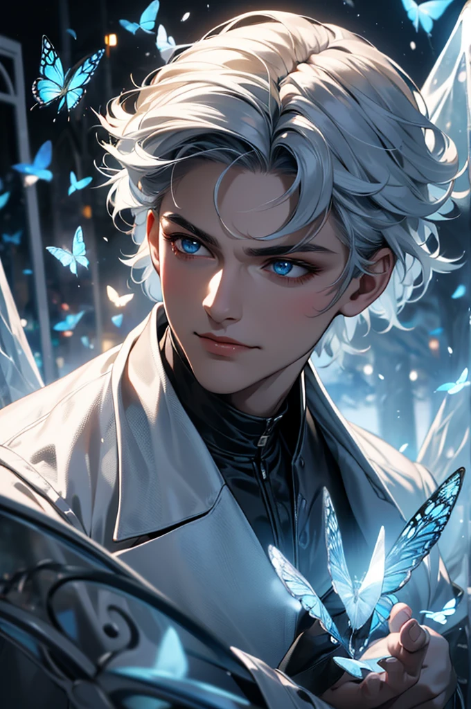 (best quality detailed image beautiful image 8K photorealistic dramatic lighting 1:1) (digital art digital illustration) (camera focused on face) (cold colors dim lighting)  1boy, Snow white hair, Blue eyes, 18 yo, male, magic circle, butterflies, butterflies, high quality, 8k, blue butterflies, butterflies, black shirt, white jacket, black pant, modern clothes, high clarity, ultra clarity, detailed face, detailed eyes, man, potrait, half potrait,  boy