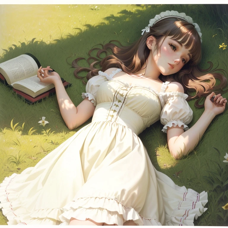 a beautiful delicate young girl,ta fashion dress, laying on the grass with a book, david hamilton, movie screen shot, high resolution film still, lying on the grass, lying on field, sunday afternoon, still from l'estate, film promotional still, lying scattered across an empty, film still promotional image, kiera knightly in repose, lying down, film still from the movie  