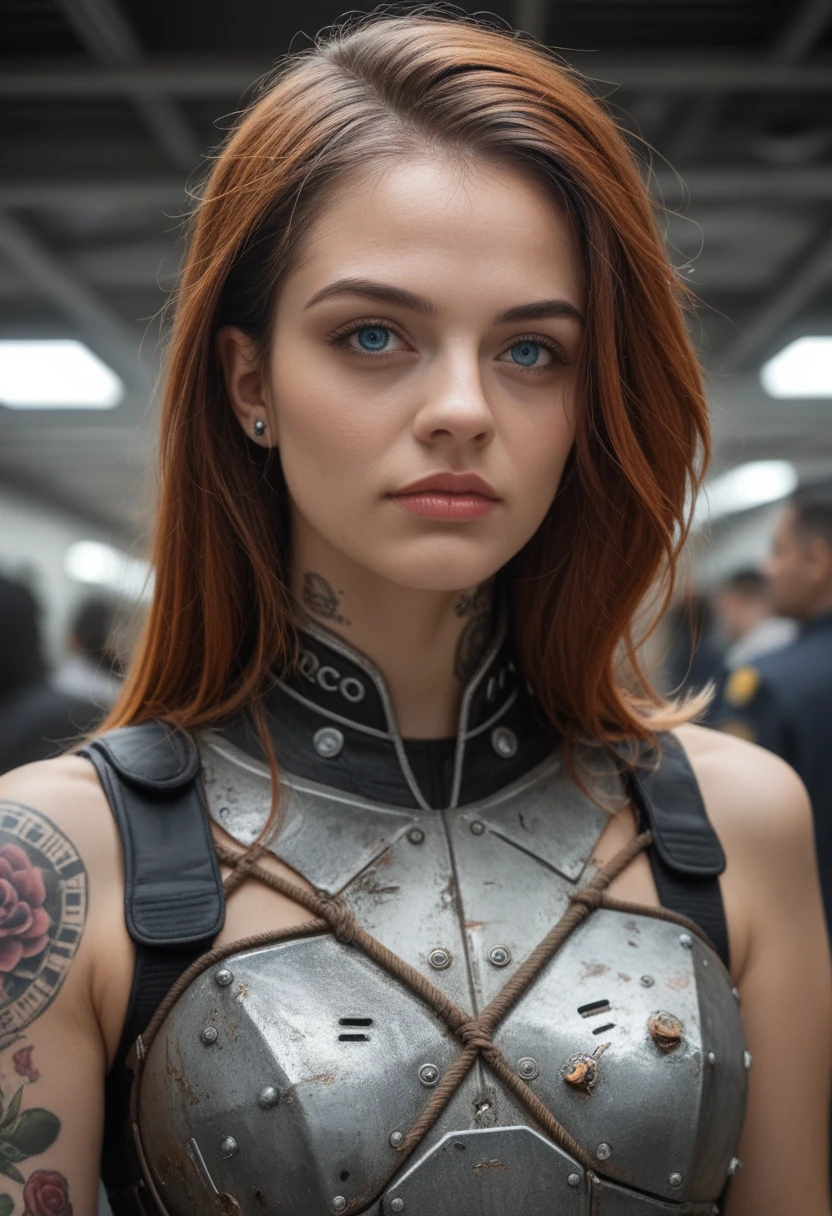Detailed photo of a futuristic beautiful female warrior in a dystopian city, tattered outfit with rusty metal armor plates, long disheleved hair, tattooed arms and body, fashion pose, blue eyes with round irises, detailed face, apocalyptic environment, Natural Body Posture, Professional photographer, Shot with a professional SLR camera, professional fantasy artists, professional background artists in Rococo and Baroque style, professional artists of the art station