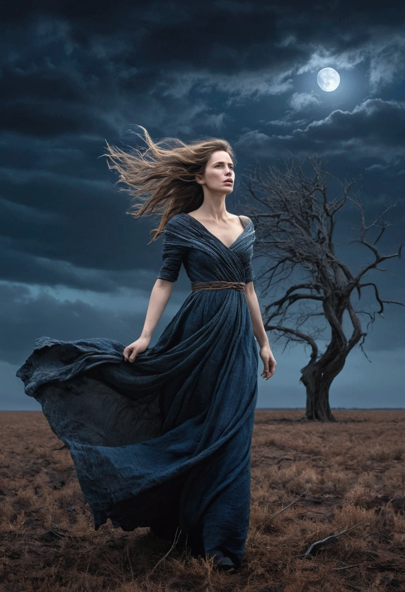 Create an 8K portrait of a woman standing in a vast, dark field under a night sky. The woman, depicted with an expression of despair and solitude, is facing forward, her long, tattered dress fluttering in the strong wind. Her hair, also tousled by the wind, frames her face, which shows signs of weariness and sadness. The background should include a solitary, withered tree struggling against the wind, with its few remaining leaves barely clinging to the branches. The field around her is barren, with patches of dry, cracked earth visible.
Use dominant colors of black, gray, and dark blue to enhance the somber and dramatic mood. Pay close attention to fine details, such as the texture of the woman's dress and hair, the intricate bark of the tree, and the desolate terrain. The sky should be filled with thick, dark clouds, partially obscuring a faint, cold moonlight.