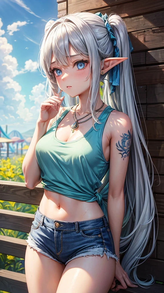 “A glamorous elven girl with silver long hair, styled in twin tails, wearing a yellow tank top and denim shorts, has just taken off her bear costume and let it drop to her waist. Sweat drips down her face as she rests, showcasing her pointed ears, blue eyes, and a necklace. Intricate tattoos adorn her neck and extend down her arm. The background is an amusement park with a clear blue sky and white clouds. The scene is highly detailed, capturing the natural lighting and vibrant colors of a summer day.”