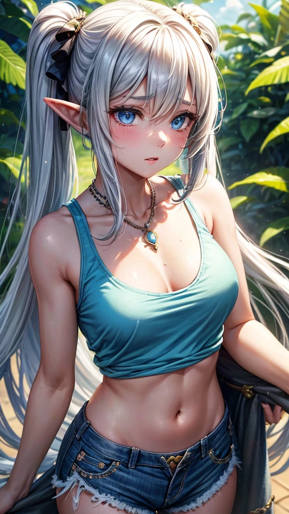 “A glamorous elven girl with silver long hair, styled in twin tails, wearing a yellow tank top and denim shorts, has just taken off her bear costume and let it drop to her waist. Sweat drips down her face as she rests, showcasing her pointed ears, blue eyes, and a necklace. Intricate tattoos adorn her neck and extend down her arm. The background is an amusement park with a clear blue sky and white clouds. The scene is highly detailed, capturing the natural lighting and vibrant colors of a summer day.”