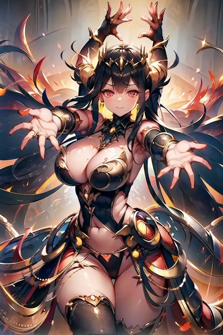 ((((((outstretched hands, out stretched fingers, outstretched arms)))))) black hair, bare shoulder, red eyes, very long hair, cleavage, large breasts, dress, showgirl skirt, high-leg, cleavage cutout, tiara, bare thighs, gauntlets, bare shoulder, bare nails, bare fingers, bare hands, good hands, best hands, Correctly aligned fingers, extremely detailed hands and fingers, ultra detailed hands and fingers, super detailed hands and fingers, perfect female hands and fingers, biologically accurate hands and fingers, (((4 fingers and 1 thumb accurate hands and fingers))), beautiful hands and fingers, hands and fingers drawing, human hand and fingers, perfect arrangement of fingers, detail focus hands, detail focus fingers, perfection hands, better hands, adult face, fearless face, (((both arms, two arms, both hands, two hands))), super fine illustration, masterpiece, masterwork, by famous artist, official art, ultra high res, best quality, high quality, Hand, detailed, perfect, perfection , hands, both hands is Thumb and index finger and middle finger and ring finger and little finger, even hands, panties, thighhighs, symmetrical bangs, gleaming skin, oil skin, shiny skin, wet skin, sweat, rouge, exquisite, beautiful, extremely detailed cg unity 8k wall paper, perfect face, ultra detailed beautiful face, perfect nose, perfect mouth, clear eyes, light eyes, perfect eyes, symmetrical eyes, even eyes, 16k portrait, absurdres, perfect body, perfect anatomy, perfect proportion, perfect arms, perfect torso, symmetrical hands, symmetrical arms, open arms for viewer, extremely detailed cg, beautiful artwork, production art, ultra quality, high quality, finely detailed, insanely detailed, absolutely resolution, raw photo, fantastic, amazing,