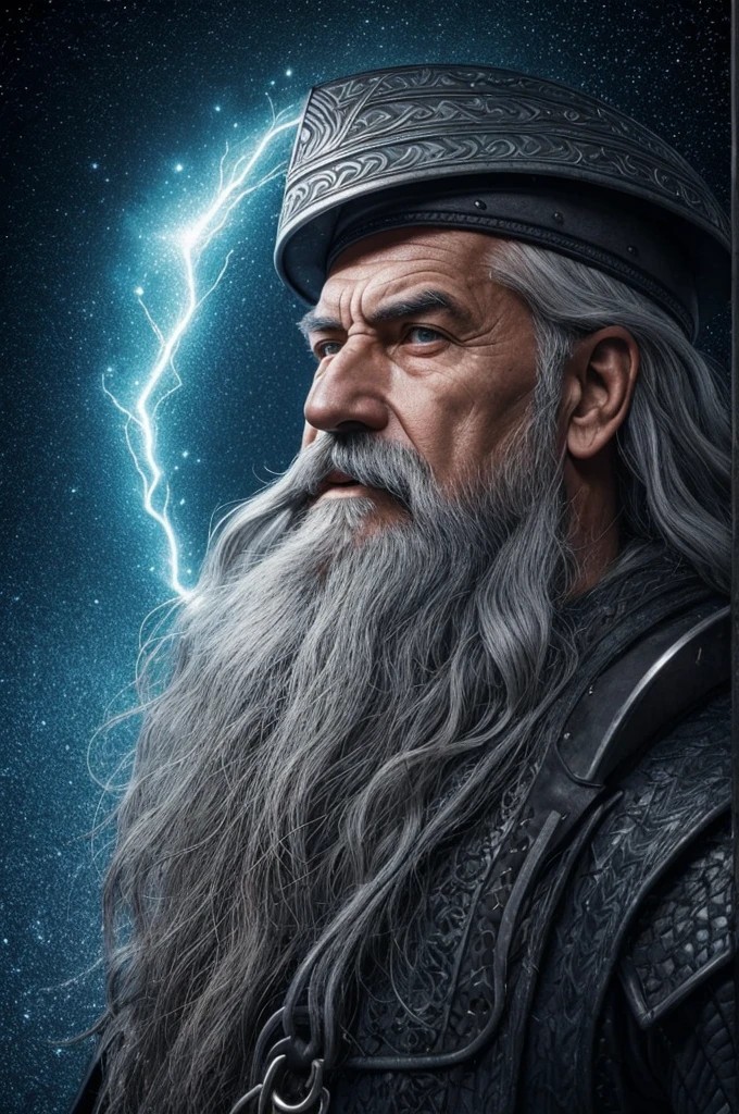 Chernomor, an elderly warrior with long gray hair and a long gray beard, scattered in the wind, wearing chain mail and helmet, emerging from the dark blue sea waves. Full face, full-length portrait. In the style of Berserk, gray ashes are in the air. Translucent, mystical, darkness, bright nebula and stars, fantastic. Hyperrealism. Hyperdetalization, lots of details, fine lines, voluminous work, professional photography, professional lighting, clear focus, 64K. grey and blue glitter