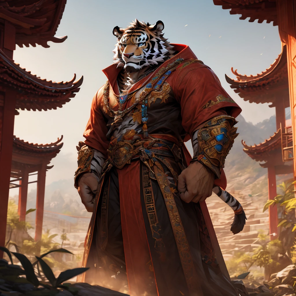 a muscular tiger in a long robe, standing on a floating island in the sky, a taoist monastery in the background, traditional chinese architecture, wuxia, fantasy, cinematic lighting, dramatic pose, (best quality,4K,8k,highres,masterpiece:1.2),ultra-detailed,(realistic,photorealistic,photo-realistic:1.37)Muscular tiger holding a sword,The background is an ancient family sect