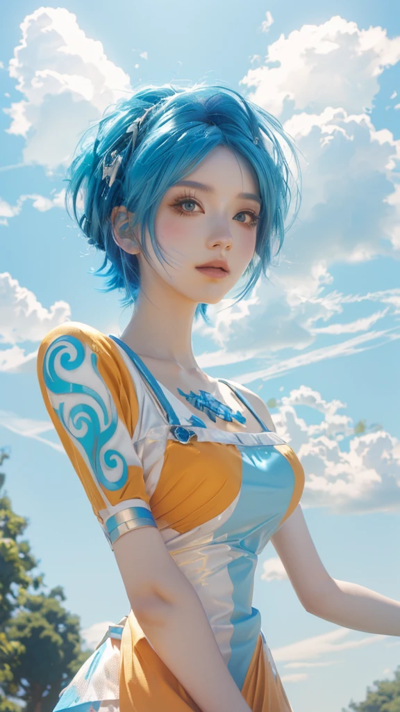 There is a blue-haired woman holding an orange in a field., Anime characters; Full Body Art, Anime Cosplay, Anime Girl Cosplay, Realistic Anime 3D Style, Trending on cgstation, Professional Cosplay, Inspired by anime, Anime Style. 8k, Full Cosplay, Stylized anime, Inspired by Ren Mei, Anime Style mixed with fujifilm, Fan art