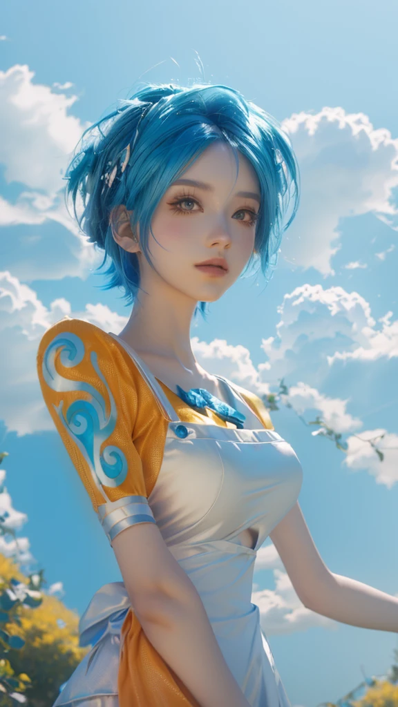 There is a blue-haired woman holding an orange in a field., Anime characters; Full Body Art, Anime Cosplay, Anime Girl Cosplay, Realistic Anime 3D Style, Trending on cgstation, Professional Cosplay, Inspired by anime, Anime Style. 8k, Full Cosplay, Stylized anime, Inspired by Ren Mei, Anime Style mixed with fujifilm, Fan art