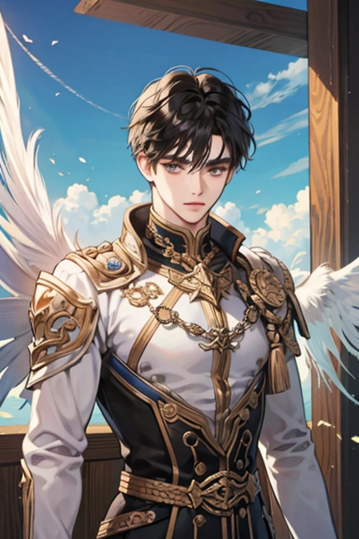 (best qualityer, masterpiece1.2), (eye detailed: 1.2), Complex detail, Depth of field, 1boy, naughty man, Men, angel, boy, citys, angel, warrior, armors, breastplate, elsword, giant elsword, descending from the heavens, Lumiere, Caucasian skin, angel, angel warrior, bonitas, black eyes and hair, Bblack hair