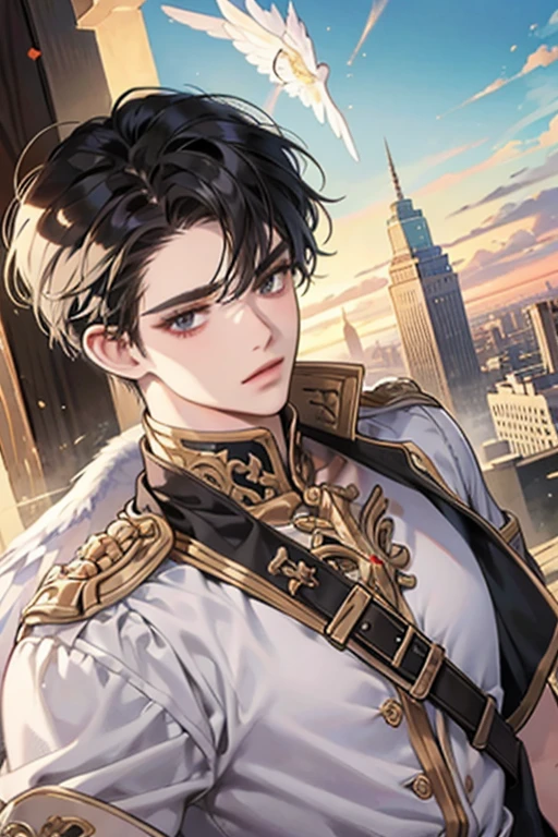 (best qualityer, masterpiece1.2), (eye detailed: 1.2), Complex detail, Depth of field, 1boy, naughty man, Men, angel, boy, citys, angel, warrior, armors, breastplate, elsword, giant elsword, descending from the heavens, Lumiere, Caucasian skin, angel, angel warrior, bonitas, black eyes and hair, Bblack hair