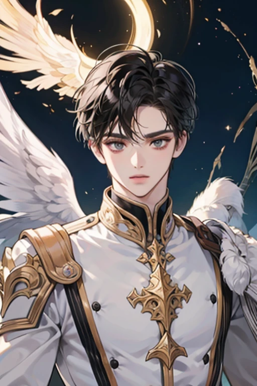 (best qualityer, masterpiece1.2), (eye detailed: 1.2), Complex detail, Depth of field, 1boy, naughty man, Men, angel, boy, citys, angel, warrior, armors, breastplate, elsword, giant elsword, descending from the heavens, Lumiere, Caucasian skin, angel, angel warrior, bonitas, black eyes and hair, Bblack hair