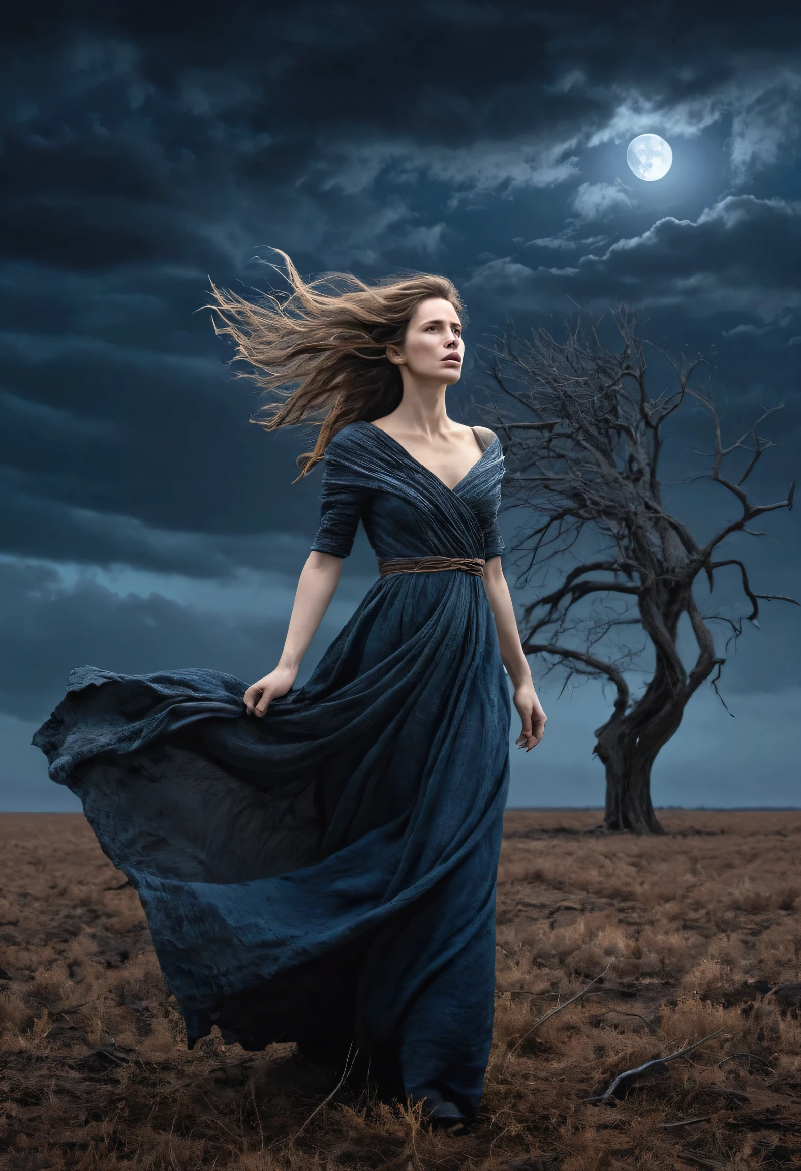 Create an 8K portrait of a woman standing in a vast, dark field under a night sky. The woman, depicted with an expression of despair and solitude, is facing forward, her long, tattered dress fluttering in the strong wind. Her hair, also tousled by the wind, frames her face, which shows signs of weariness and sadness. The background should include a solitary, withered tree struggling against the wind, with its few remaining leaves barely clinging to the branches. The field around her is barren, with patches of dry, cracked earth visible.
Use dominant colors of black, gray, and dark blue to enhance the somber and dramatic mood. Pay close attention to fine details, such as the texture of the woman's dress and hair, the intricate bark of the tree, and the desolate terrain. The sky should be filled with thick, dark clouds, partially obscuring a faint, cold moonlight.