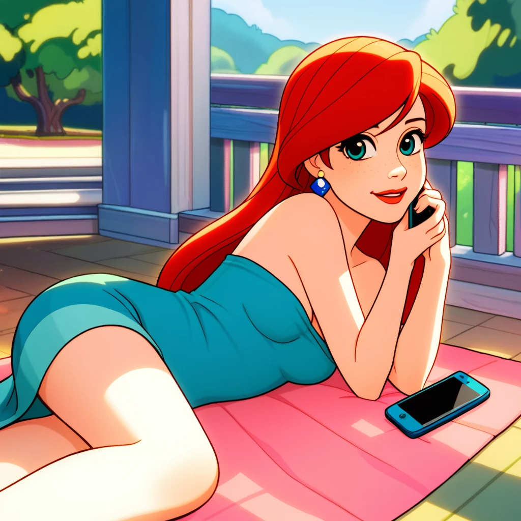 score_9_presence, score_8_up, Ariel, wrapped in towel, medium breasts, holding phone