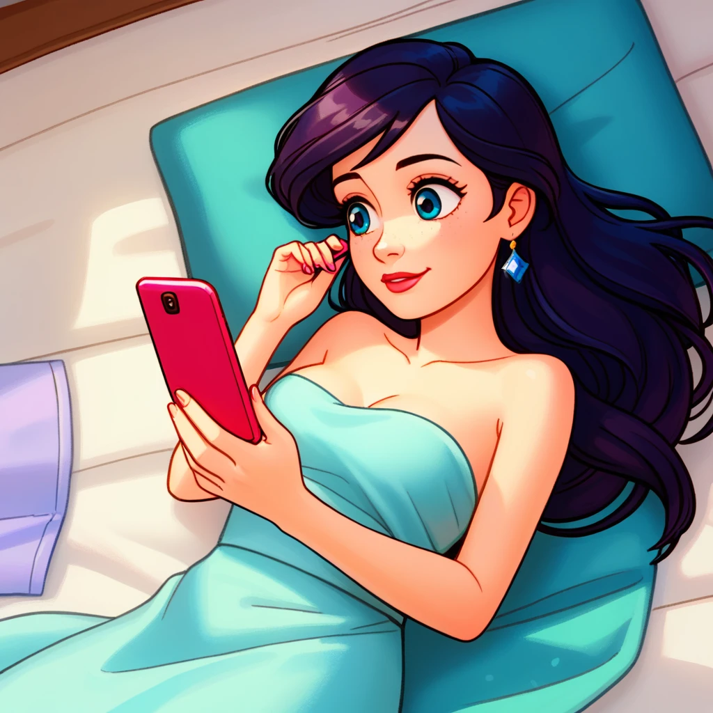 score_9_presence, score_8_up, Ariel, wrapped in towel, medium breasts, holding phone