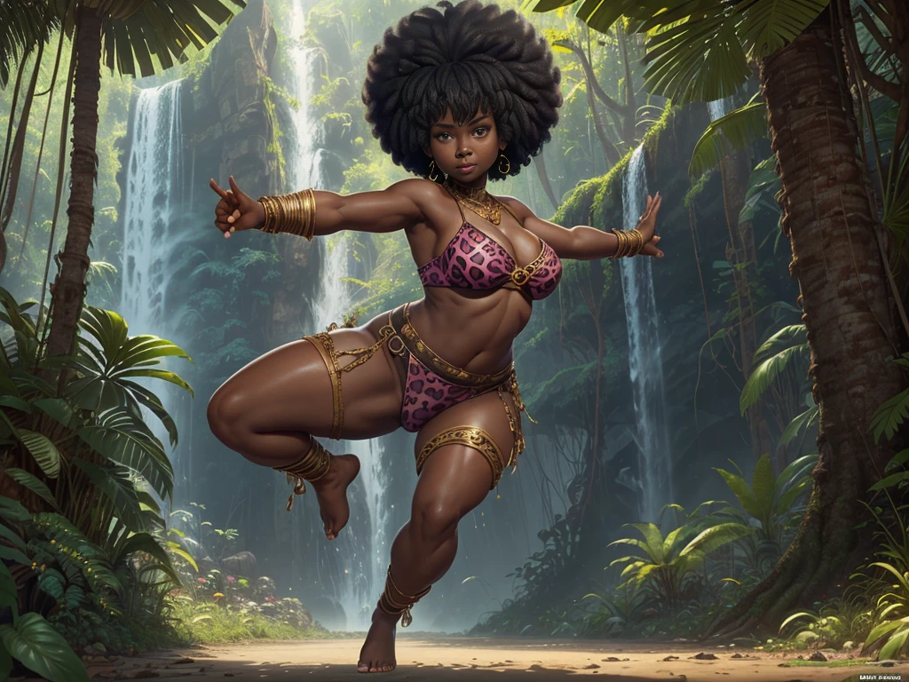 HD, dark skinned, young female, age 18, humanoid, honey, black afro hair, Jackie Parris, ((((Jackie Parris)))), full body cgsociety, 3d character art, full character body, detailed full body concept, stylized character, erotica, ((young girl, 1girl, age 18)), ((complex detailed background, jungle, outside)), erotica, full body, sexy, loincloth, barefoot, wide hips, jungle, thicc body, thicc, chubby, wide hips, small breasts, amazon, action pose, single character, pink leopard print, waterfall