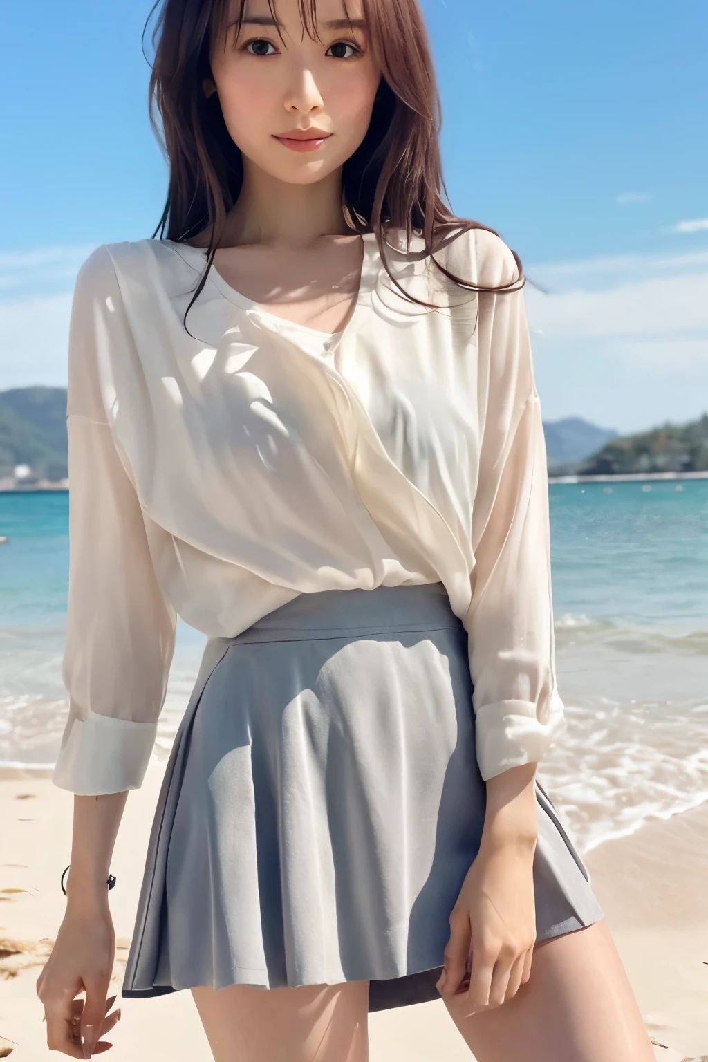 beach, standing straight, head and ankles straight, smiling, wearing earrings, dark white skirt, green short-sleeved shirt, short hair