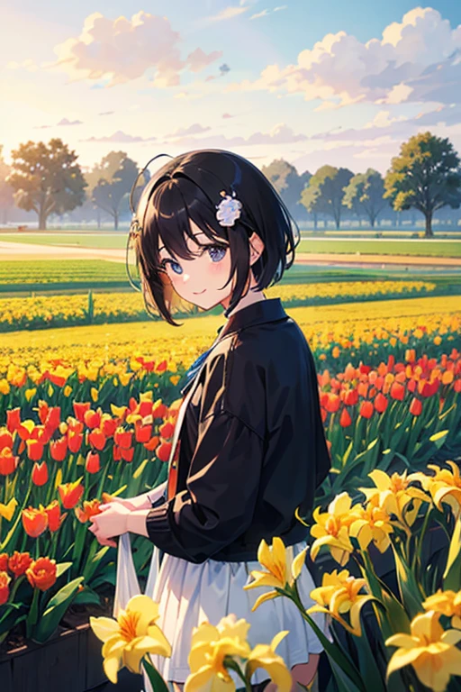 Highest quality、Black Hair、Iris、short hair、girl、cute、16 years old、、Small hair ornament、1 person、cuteワンピース、Tulip fields behind、A happy look、