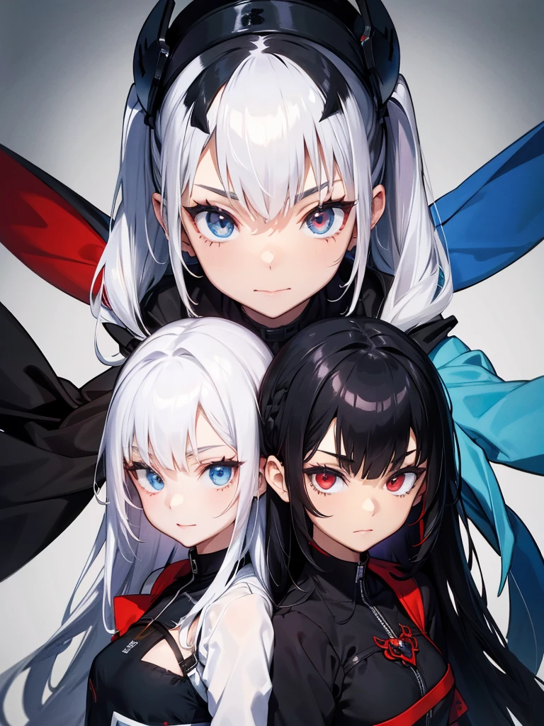 (On the left are black hair and red eyes,On the right are white hair and blue eyes:1.2), masterpiece, Anime stills, Intricate details, 超High resolution, 4K, High resolution, Eye Detail, (One girl, One boy,) split picture, duality, ((Face close-up)),(Left and right split themes:1.0),No gaps,Heterochromia iridis,((Two Tone Hair:1.2)),(Chiaroscuro:1.2),