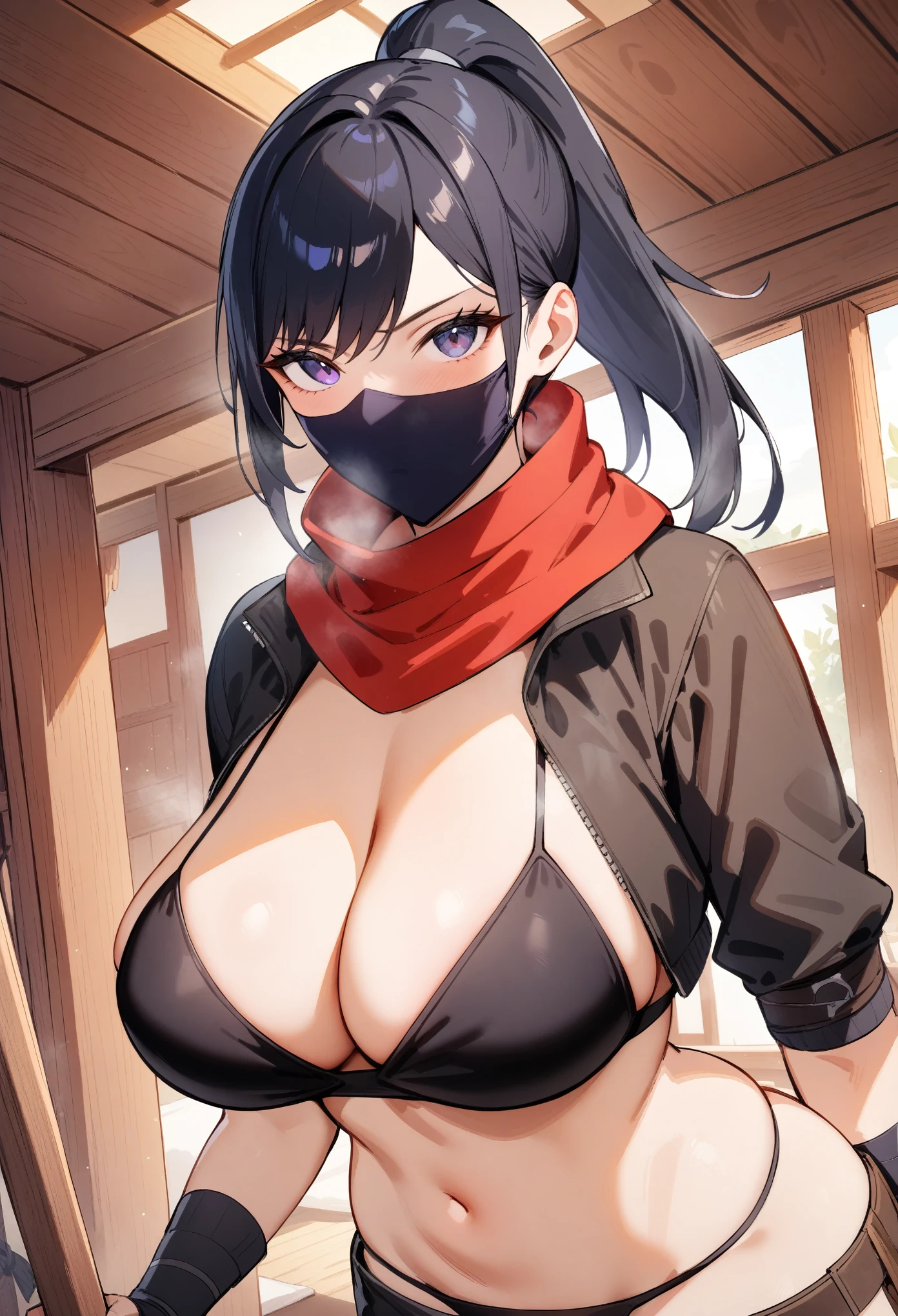 masterpiece, best quality, very aesthetic, absurdres, 1girl, looking at viewer, upper body, high ponytail, black hair, tsurime, breasts, black bikini, cropped jacket, black jacket, scarf, (ninja mask), standing, indoors, wooden architecture, fantasy