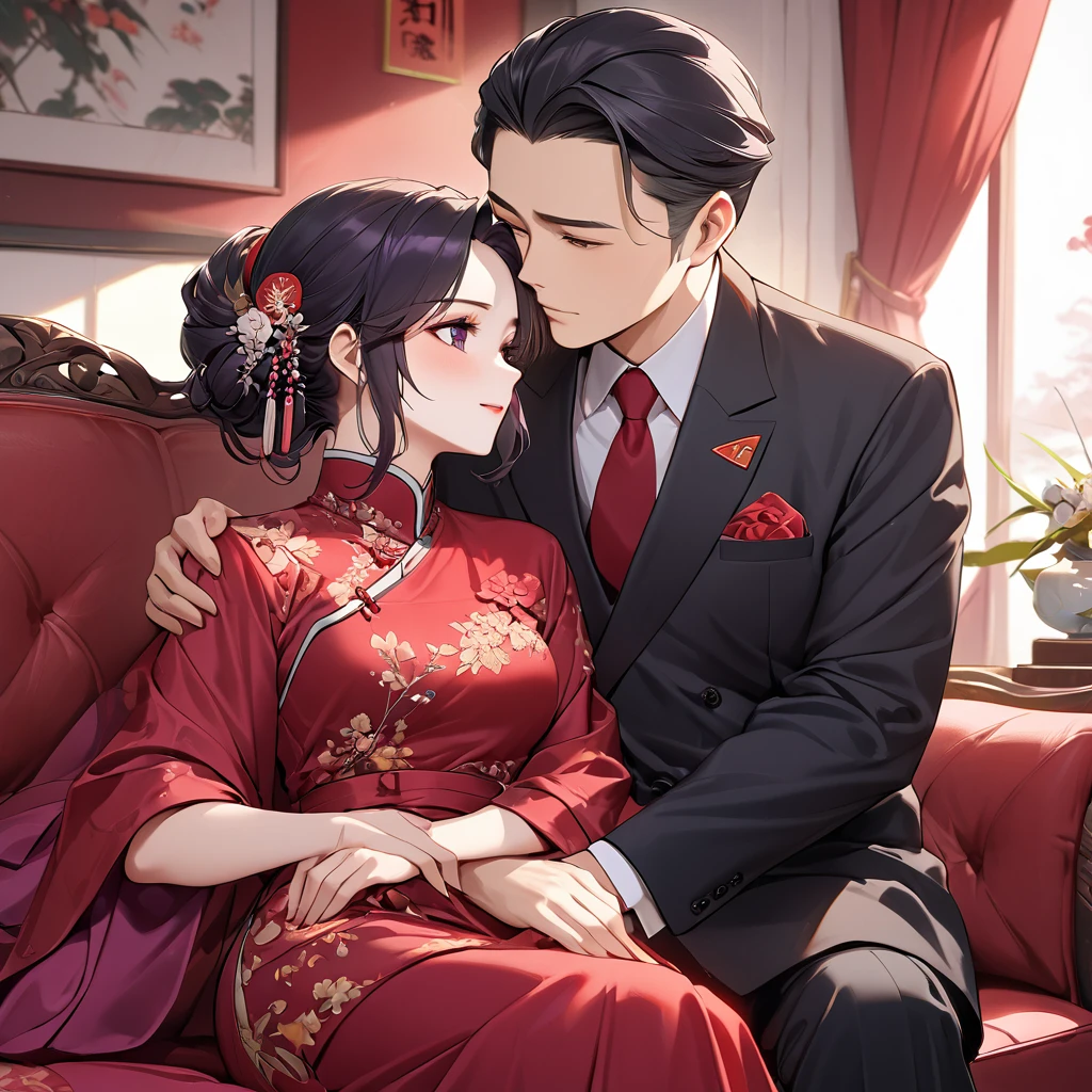 ((Highest quality)), ((masterpiece)), (detailed), (Perfect Face)、The woman is a Chinese woman named Kocho Shinobu.。, Purple gradient bob black hair and formal evening hairstyles. She is wearing an engagement ring. She is a prominent member of the Chinese Communist Party.、She is the wife of a great old Communist Party official.、The woman is beautifully dressed in a gorgeous and glamorous red wedding dress typical of the Chinese Communist Party.、A loving couple passionately embracing and deeply kissing a dignified elderly Communist Party official on a plush sofa in a luxurious room。A loving Chinese Communist couple