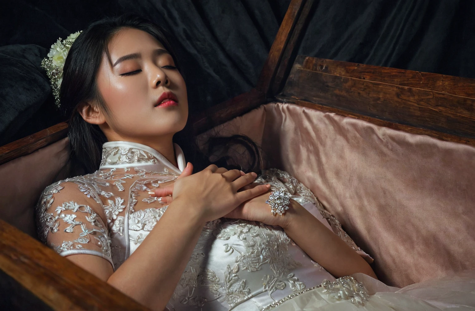 In a striking 8K HDR scene, a stunning Korean woman, 22 years old, lies peacefully in a coffin and coffin cover surrounded by plush pillows. The deep box is set against a rich black background, accentuating the beauty of the subject. Her exquisite deep-V neckline kebaya attire is embroidered with superb detail, showcasing her round and firm breasts, perfect cleavage, and beautiful eyebrows. Her closed eyes and mouth give an air of serenity, while her visible and absolute cleavage leave nothing to imagination. The scene is bathed in saturated colors, highlighting every intricate aspect from the ball skirt to her clean face, straight body, detailed hand perfect hands, straight body, own hands together, own hand on stomach, detailed hands, perfect hands, holding the flowers.