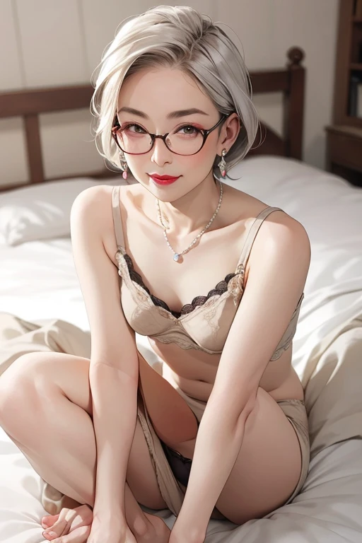 Beautiful and mature 70 year old Japanese woman with Glasses, Glasses , Married women, grandmother, wrinkled, Fine Lines, Long eyelashes, Shining Eyes, Short Bob, Silver Hair, (Bright red lipstick), elegant, Slim figure, Pink Cheeks, Pearl Necklace, Earrings, ((Beige bra)), ((Beige panties)), Small breasts, Small breasts, Flat Chest, On my hands and knees in bed, Pussy, Browsing Caution