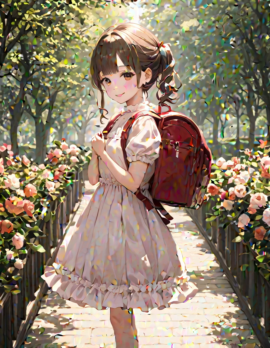 Masterpiece, hd, 1girl, brown hair, ponytail, hair ribbon, wearing cute dress, frilled dress,  dress, bowtie, standing, outdoor, smile, wearing randoseru backpack,(randoseru backpack:1.2)