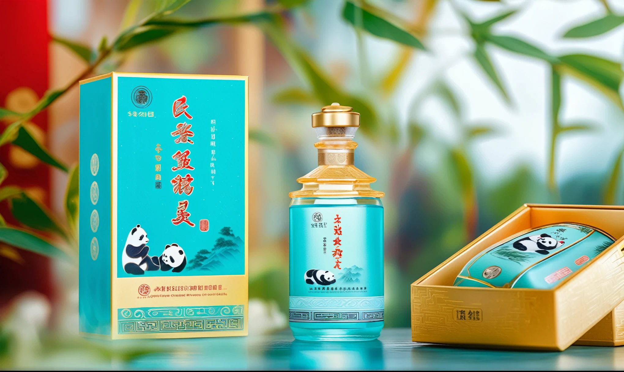 A bottle of Chinese liquor with light blue and gold colors is placed in front of a packaging box with panda elements on it. Green plants are placed next to the box against an overall background that reflects traditional culture. The product photography style highlights high-definition details with high resolution and professional studio lighting used in the product shooting., Surrealism, chiaroscuro, vignetting, best quality, highres