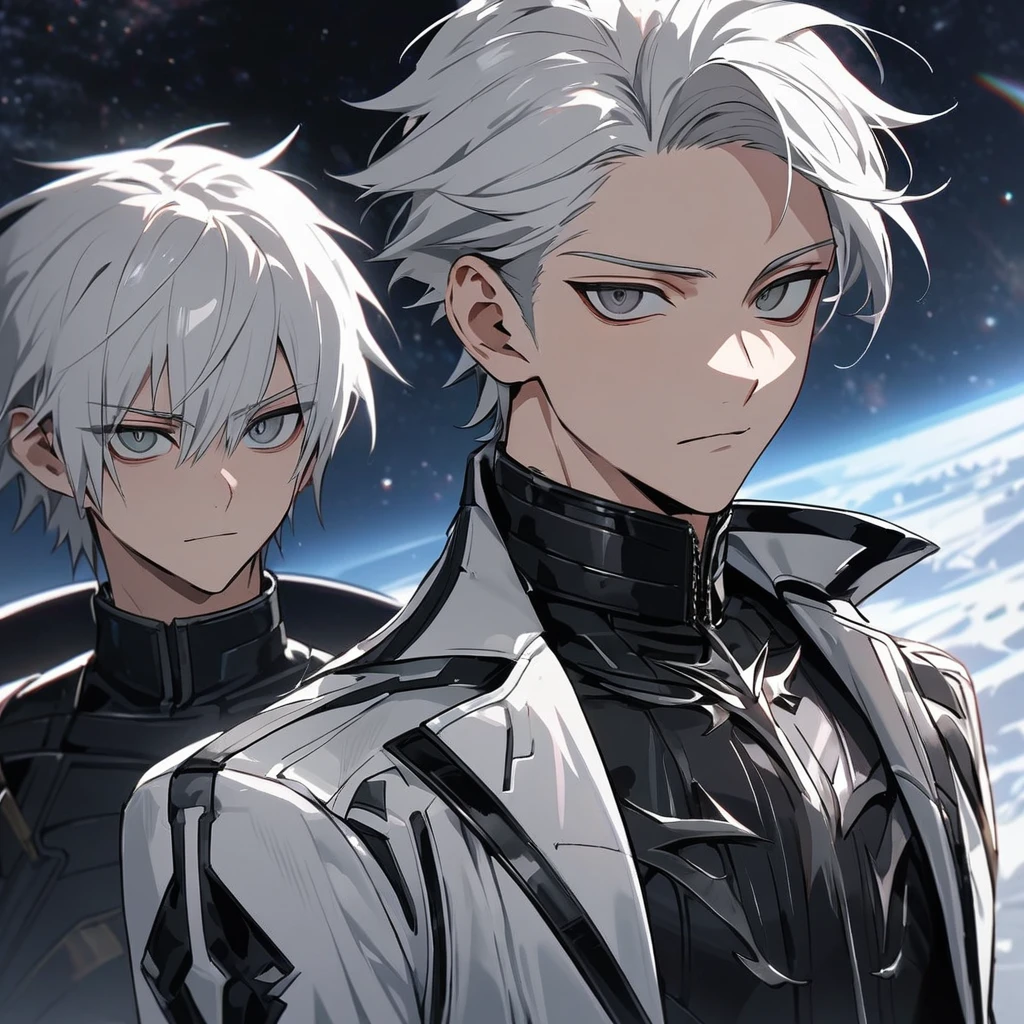 High quality, HD, 4k, no shadows, handsome male, 1male, , teenager, shwhite hair, silver hair, white hair, sharp eyes, dark grey colored eyes, deep grey eyes, grey eyes, devil may cry, close up, calm expression, stoic expression, black leather clothes, white leather clothing, lean body, well trained body, upper body, looking at viewer, cowboy shot, white solar, space background