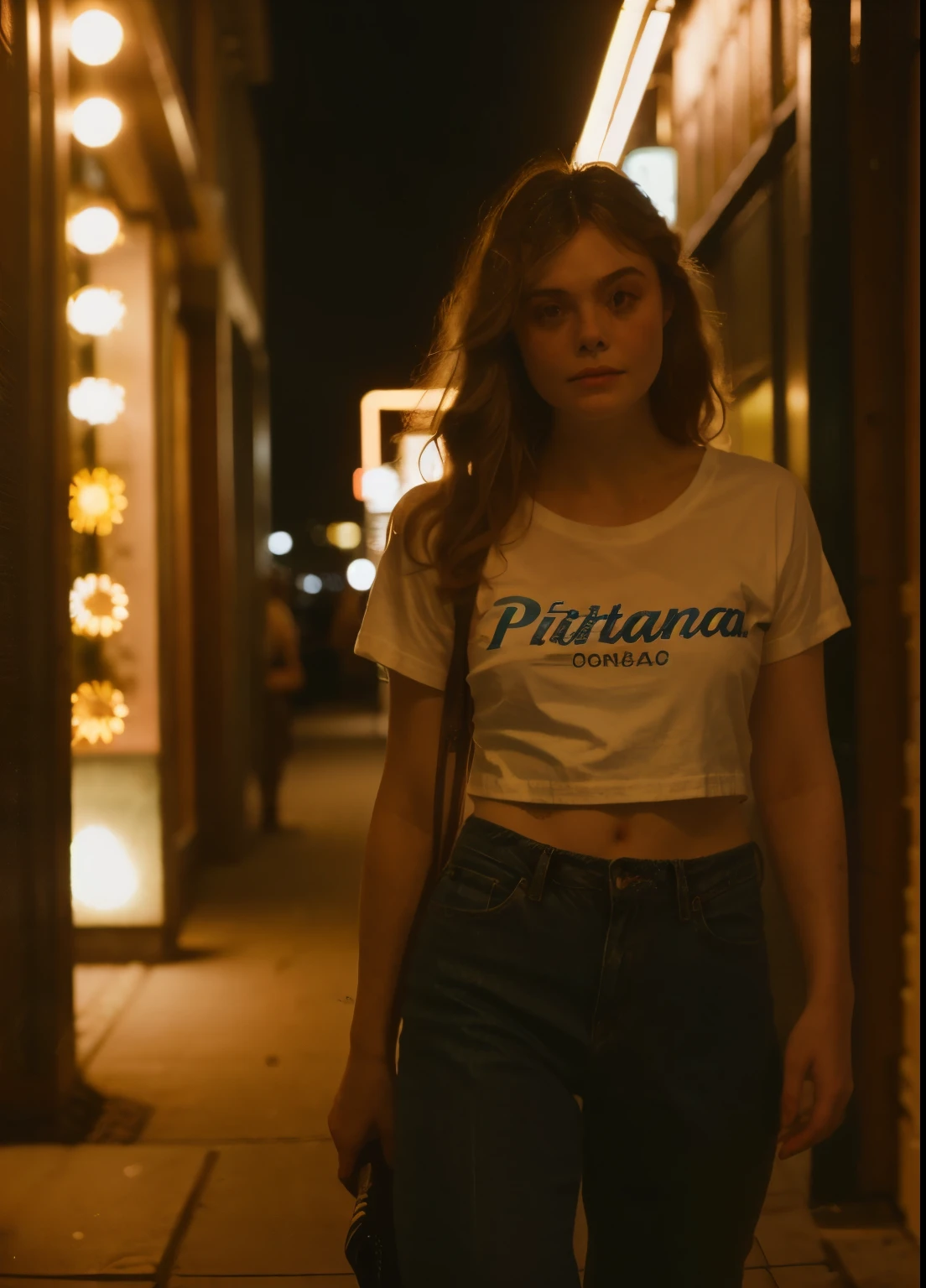 35mm, Fuji Superia 1600, ISO-1200, f/4, 0, 1/60, a night time, dimly lit close-up shot photo of (((ell3fann1ng:1.15))) (Cinematic Realism:0.8) (Goddess:0.5) wearing a (white t-shirt with the word Patagonia written on it), and jeans, ((lora:Polaroid Type_600_B_1.1:1)) in front of a restaurant in a dark small town alley with people caught mid-walking behind her